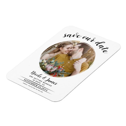 Magnet Flexible Photo blanche moderne ronde Enregistrer la date (Côté Gauche)