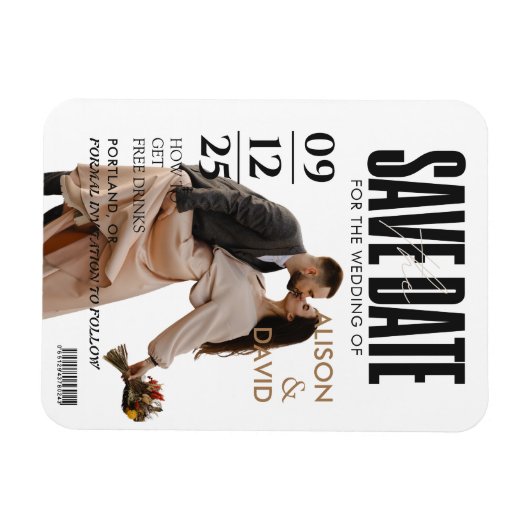 Magnet Flexible Photo en noir et blanc Enregistrer le Mariage Date (Horizontal)