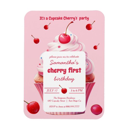 Magnet Flexible Pink Baby First Cherry & Cupcake Anniversaire (Vertical)