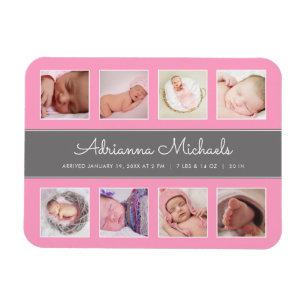 Magnet Flexible Pink Baby Girl Newborn Photo Collage Announcement