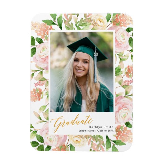Magnet Flexible Pink Floral Green Script Girl Graduation Photo (Vertical)