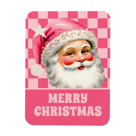 Magnet Flexible Pink Retro Santa Claus Pink Tartan Plaid Noël (Vertical)