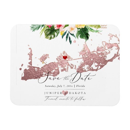 Magnet Flexible PixDezines Faux Rose Gold Key West Map, coeur DO-I (Horizontal)