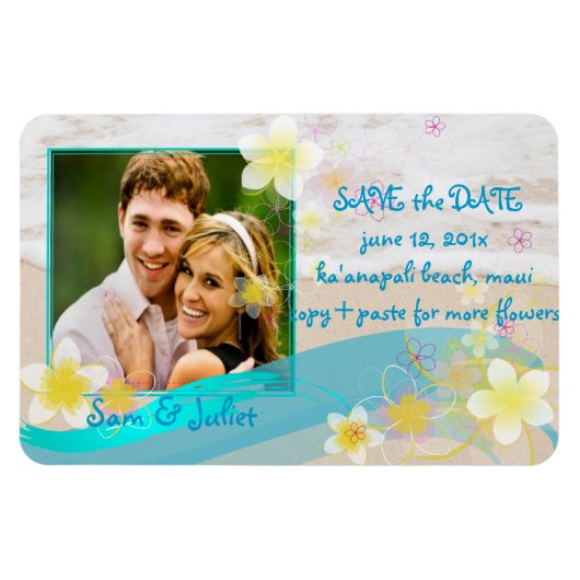 Magnet Flexible PixDezines plage+plumeria enregistrer la date/do-i (Horizontal)
