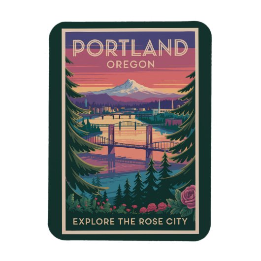Magnet Flexible Portland Oregon Mount Hood Travel Art Vintage (Vertical)