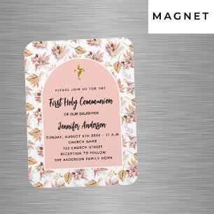 Magnet Flexible Première communion pampas fleurs rose invitation