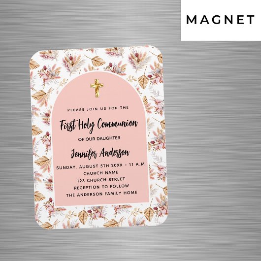 Magnet Flexible Première communion pampas fleurs rose invitation