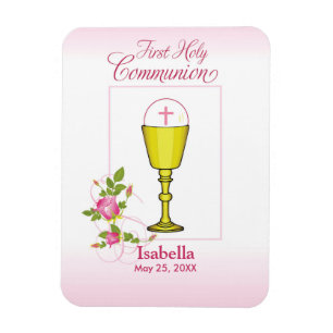 Magnet Flexible Première communion sainte rose avec Chalice et Ros