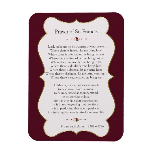 Magnet Flexible Prière de Paix de Saint François Cadre d'Or (Vertical)