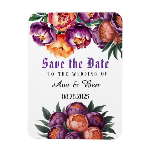 Magnet Flexible Prune et Orange Peinture de Paeonia Save the Date (Vertical)