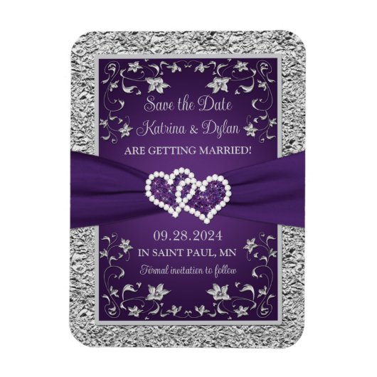 Magnet Flexible Purple, Grey Love Coeurs Mariage Enregistrer la da (Vertical)