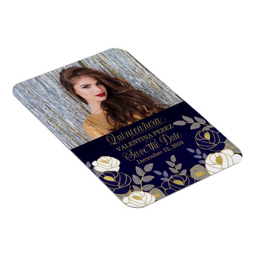 Magnet Flexible Quinceanera bleu avec or Enregistrer la date (Côté Droit)