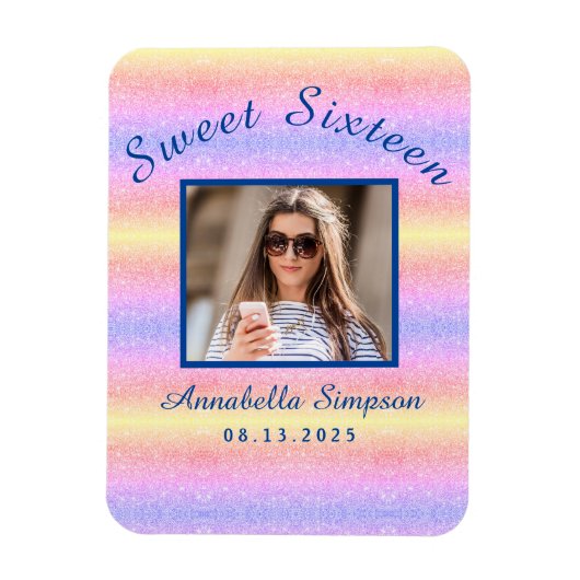 Magnet Flexible Rainbow Glitter Sweet 16 Birthday Save the Date (Vertical)