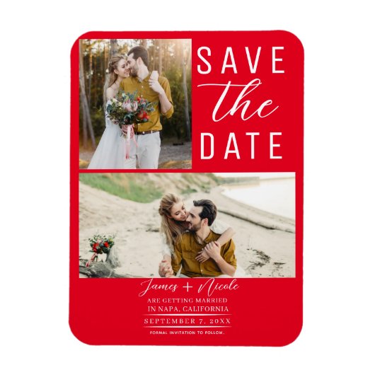 Magnet Flexible Red 2 Photos Enregistrer le Mariage de date (Vertical)