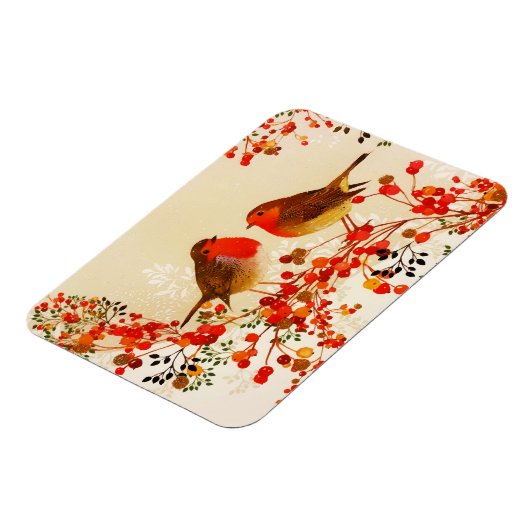 Magnet Flexible Red Gold Winter Birds Holly Berry Branches (Côté Gauche)