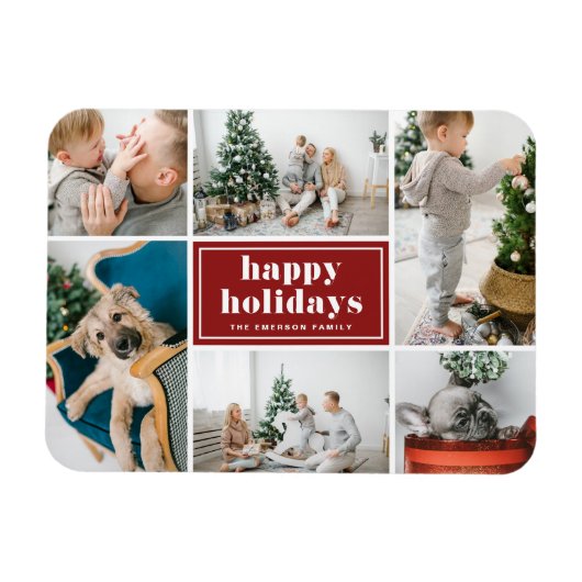 Magnet Flexible Red Retro Happy Holidays Photo Collage (Horizontal)