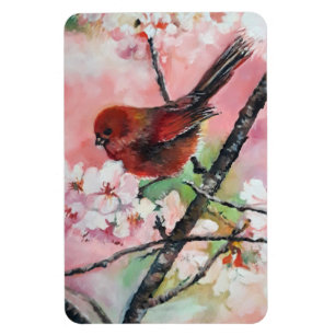 Magnet Flexible Red tanager bird on Cherry blossom  