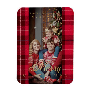 Magnet Flexible Red Tartan Plaid Joyeux Noël Photo de famille