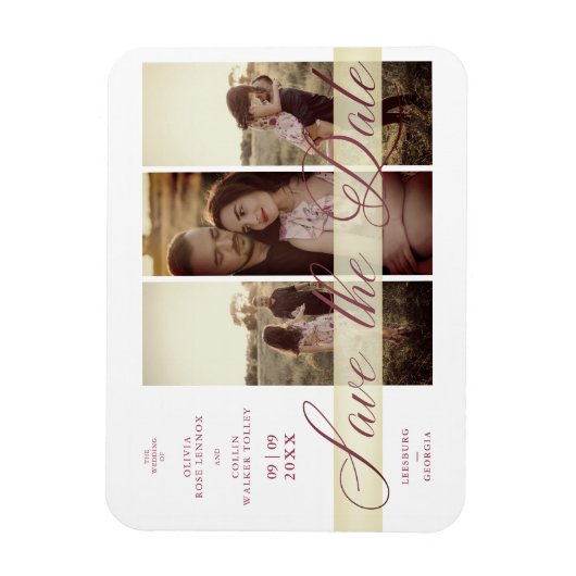 Magnet Flexible Reserva La Fecha Simple Élégant Script 3 Photos Co (Vertical)