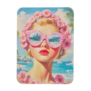 Magnet Flexible Retro Beach Girl avec lunettes de soleil florales