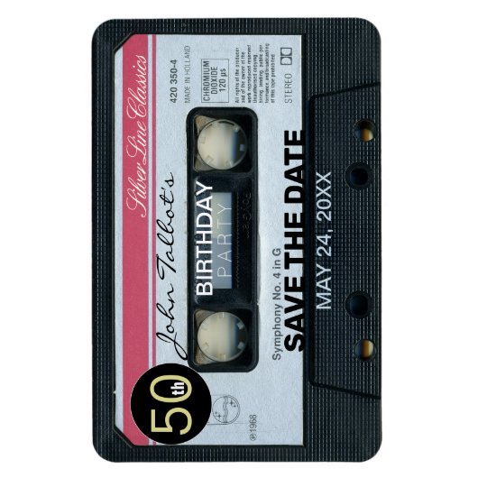 Magnet Flexible Rétro C Audiotape 50th birthday Party Save Date (Vertical)