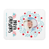 Magnet Flexible Retro Joyeux Noël Holly Red Berries Photo (Horizontal)