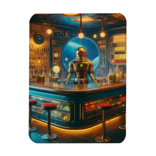 Magnet Flexible Robot Bartender in Interstellar Space Age Dive Bar (Vertical)