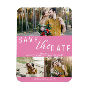 Magnet Flexible Rose Bubble Gum Enregistrer la date Mariage 3 Phot