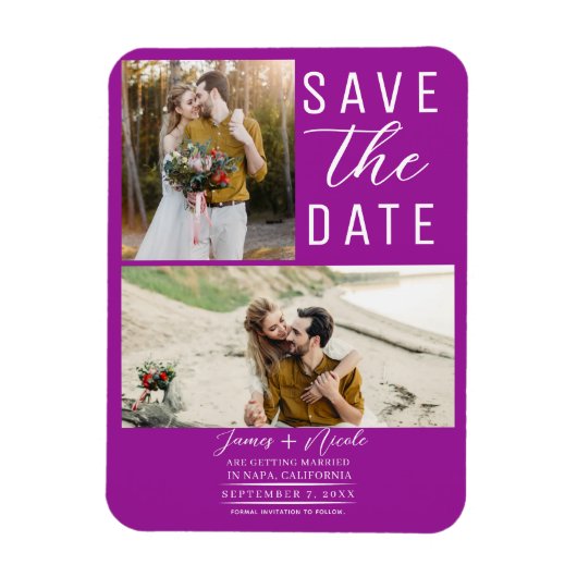 Magnet Flexible Rose Fuchsia Moderne 2 Photos Enregistrez la Date  (Vertical)