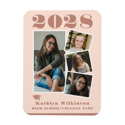 Magnet Flexible Rose moderne Pink Script Collage Graduation 4 Phot (Vertical)