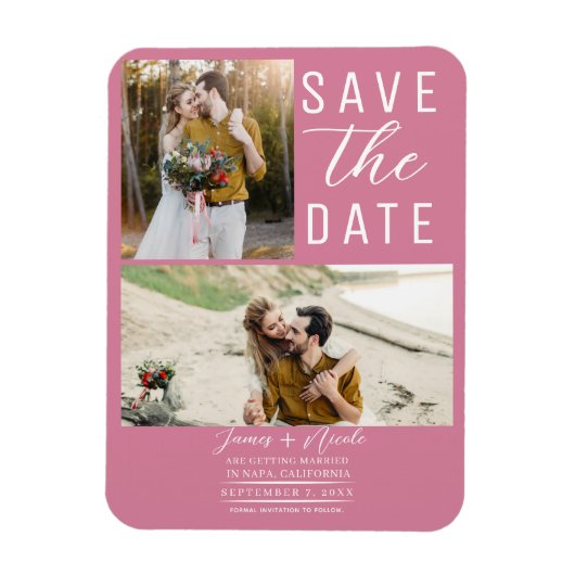 Magnet Flexible Rose Pink 2 Photos Enregistrer la date Mariage (Vertical)