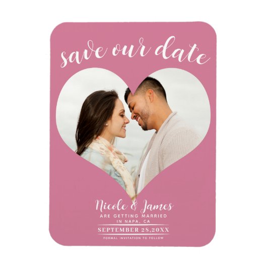 Magnet Flexible Rose Pink Heart Photo Wedding Enregistrer la date (Vertical)