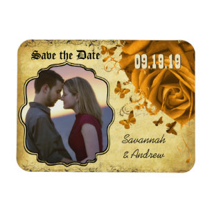 Magnet Flexible Roses et papillons Gold Heart Enregistrer la date