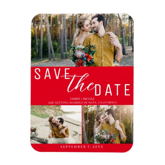 Magnet Flexible Rouge Enregistrer la date Mariage 3 photos (Vertical)