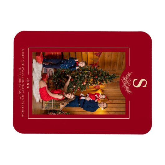 Magnet Flexible Rouge Joyeux Noël Monogramme Famille de photos (Horizontal)