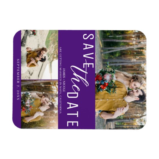 Magnet Flexible Royal Purple Enregistrer la date Mariage 3 photos (Horizontal)