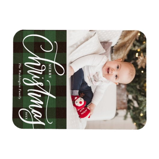 Magnet Flexible Rustique Green Plaid Joyeux Noël Photo (Horizontal)