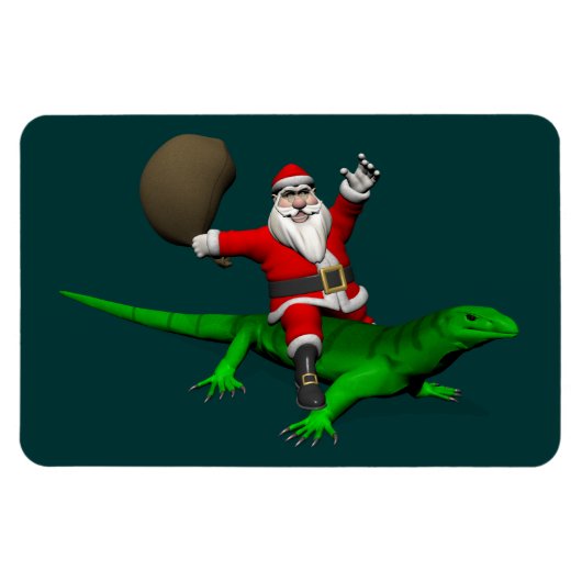 Magnet Flexible Santa Claus Riding Green Lizard (Horizontal)