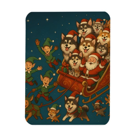 Magnet Flexible Santa with joyous pups and elves! (Vertical)