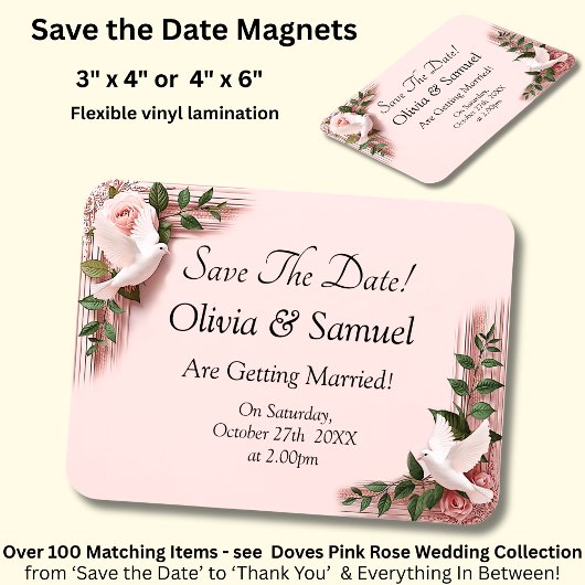 Magnet Flexible Save The Date - Pink Roses & Doves Wedding