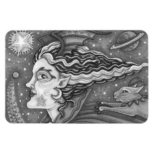 MAGNET FLEXIBLE SCI FI SPACE WITCH & COMET CAT HUMOUR HALLOWEEN