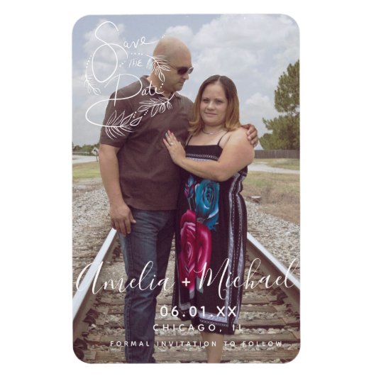 Magnet Flexible Script botanique main tiré Enregistrer la date Pho (Vertical)