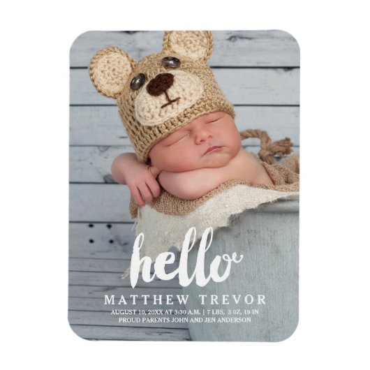 Magnet Flexible Script Hello | Aimant Faire-part de naissance bébé (Vertical)