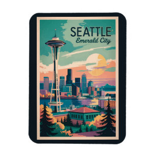 Magnet Flexible Seattle Washington Skyline Travel Art Vintage