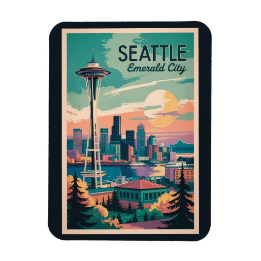 Magnet Flexible Seattle Washington Skyline Travel Art Vintage (Vertical)