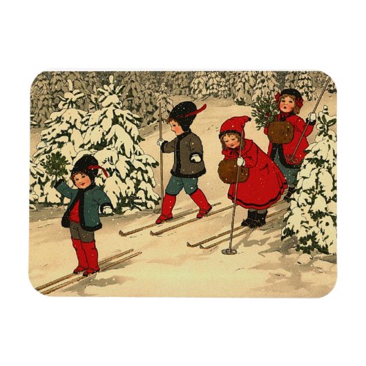 Magnet Flexible Ski pour enfants, scène hivernale vintage (Horizontal)