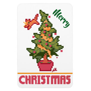 Magnet Flexible stealing cat, tree, Pixel Art, Merry Christmas