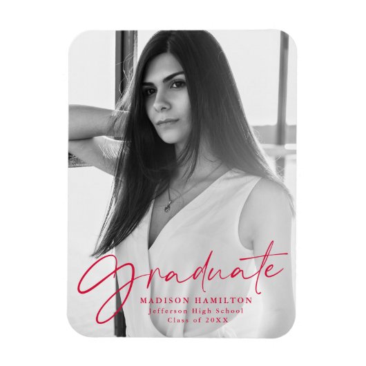 Magnet Flexible Stylish Red Script Graduation Faire-part Photo (Vertical)