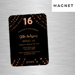 Magnet Flexible Sweet 16 rose noir or étoiles luxe invitation<br><div class="desc">Pour une soirée Sweet 16,  16ème anniversaire. Un arrière - plan noir. Décoré d'étoiles dorées roses. Personnalisez et ajoutez un nom,  les détails de la fête,  l'année de naissance. Le nom est écrit avec un script de style manuscrit</div>