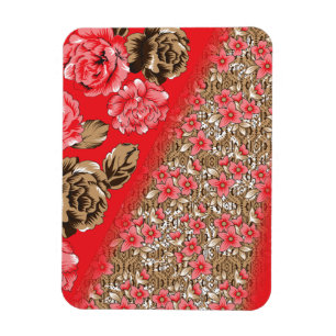 Magnet Flexible Tissu rouge éclatant avec floral complexe et